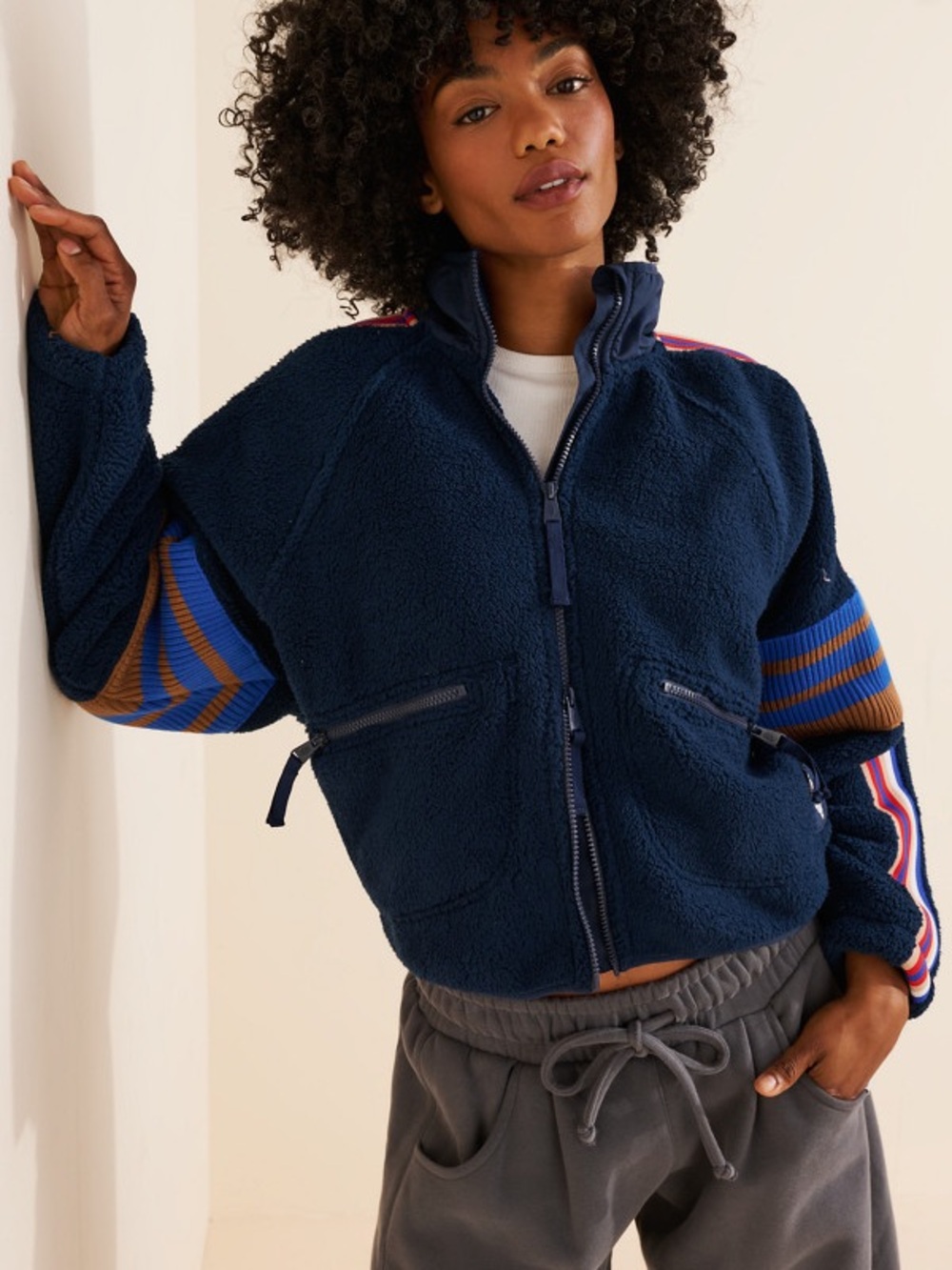 Free People Mountain High Sporty Buti Logo Fleece Sporty Jacket Navy Sherpa S - Picture 5 of 9